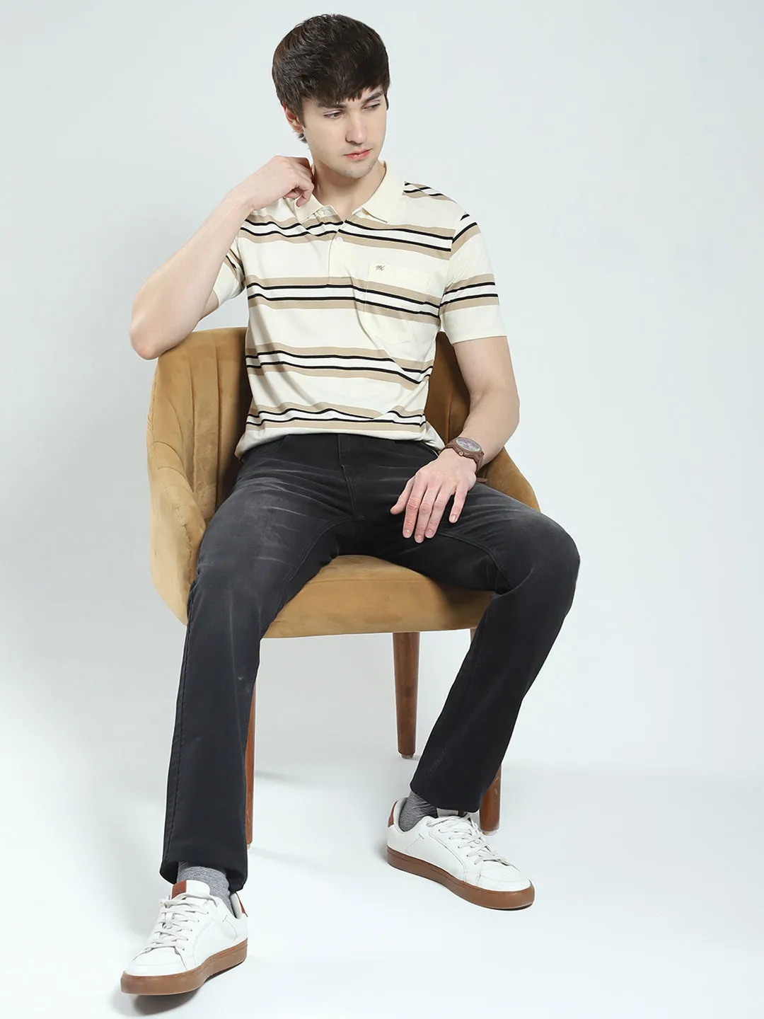 Men Beige Stripe Collar Half Sleeve T-Shirt sold by Monte Carlo product image thumbnail 2