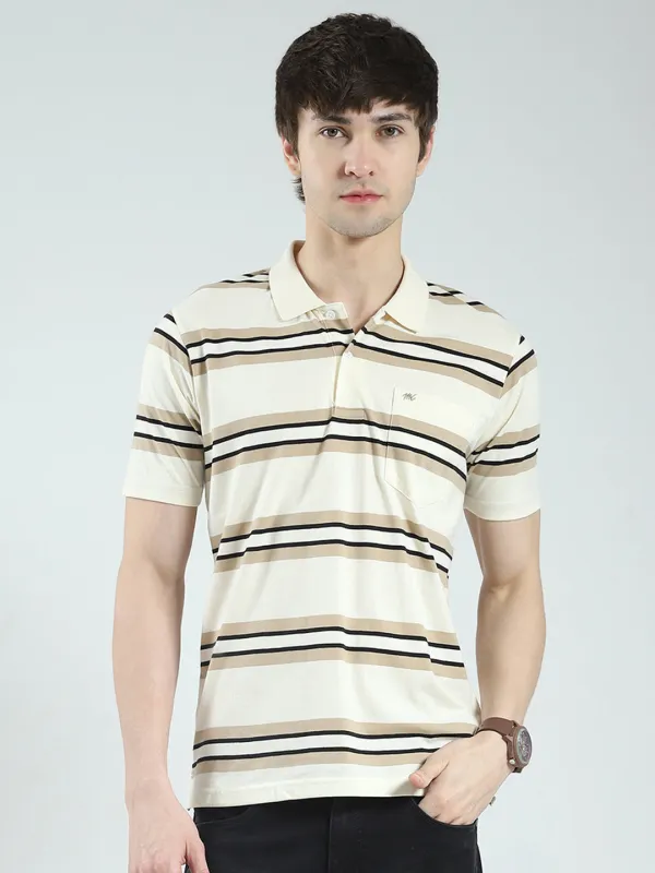 Men Beige Stripe Collar Half Sleeve T-Shirt made by Monte Carlo