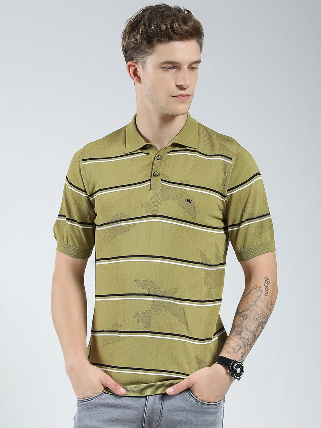 Men Green Solid Collar Half Sleeve T-Shirt sold by Monte Carlo