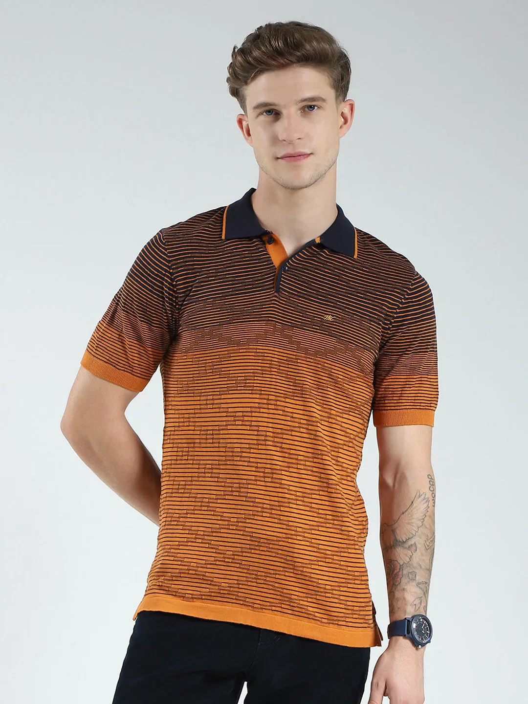 Men Brown Self Design Collar Half Sleeve T-Shirt sold by Monte Carlo