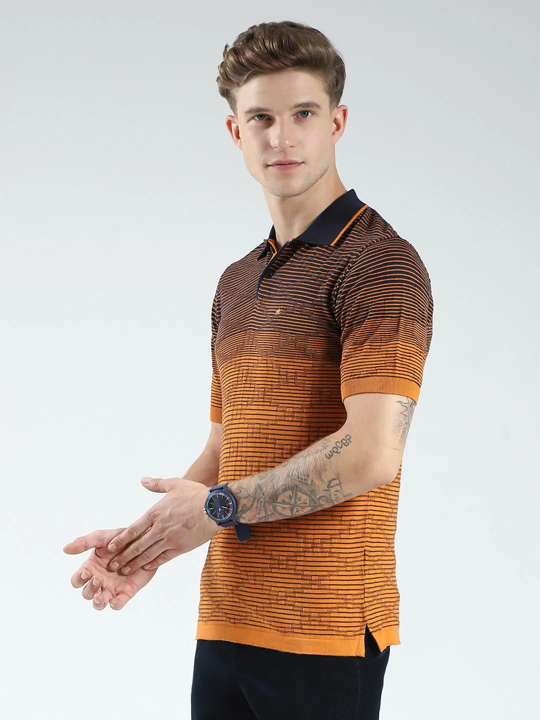 Men Brown Self Design Collar Half Sleeve T-Shirt sold by Monte Carlo product image thumbnail 3