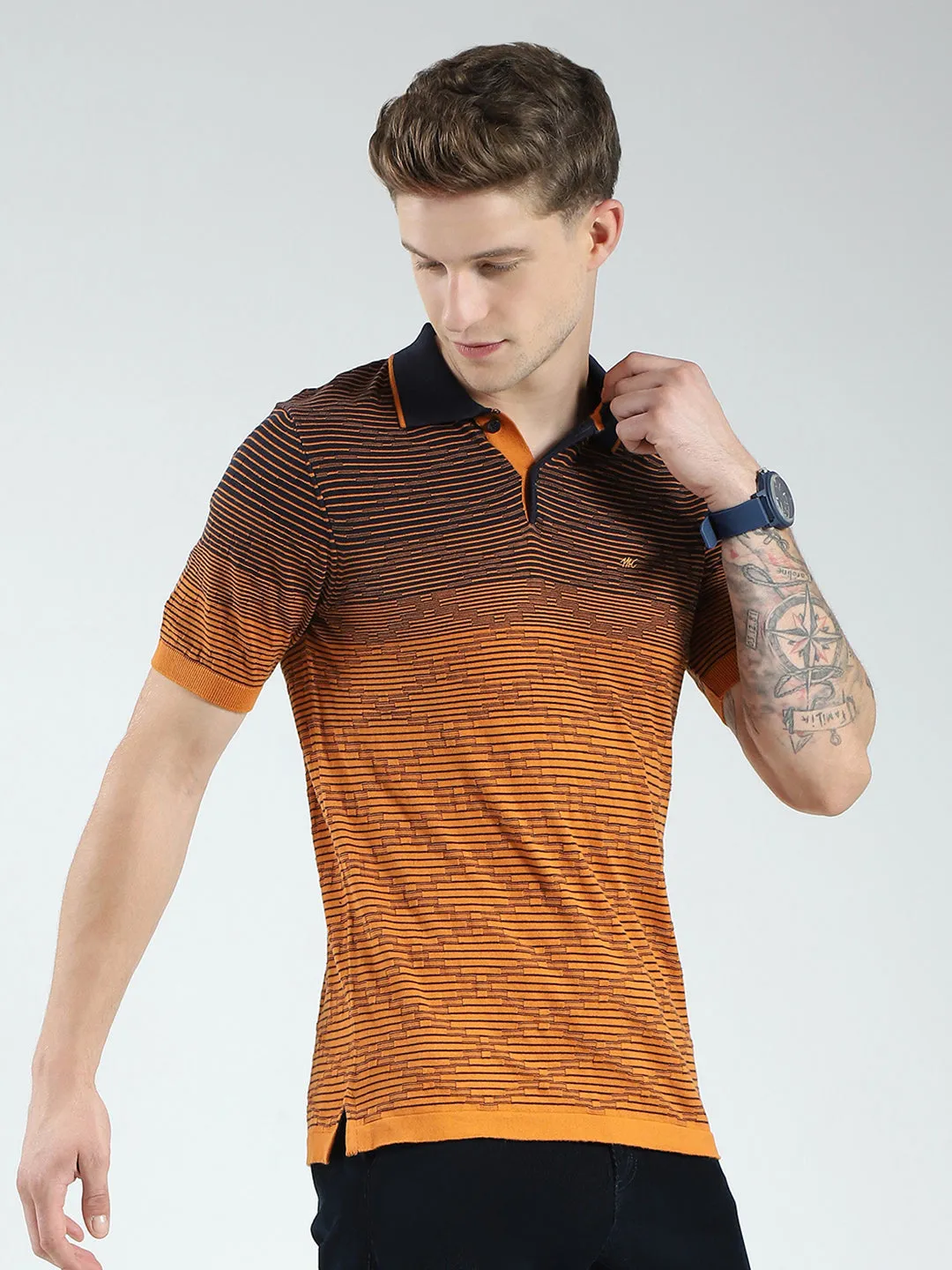 Men Brown Self Design Collar Half Sleeve T-Shirt sold by Monte Carlo product image thumbnail 4