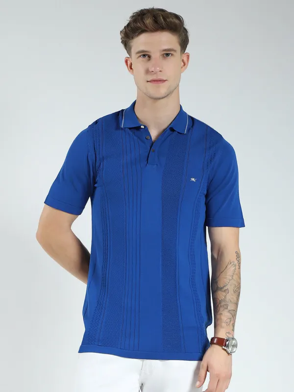 Men Blue Self Design Collar Half Sleeve T-Shirt made by Monte Carlo