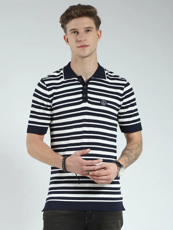 Men Navy Blue Stripe Collar Half Sleeve T-Shirt made by Monte Carlo