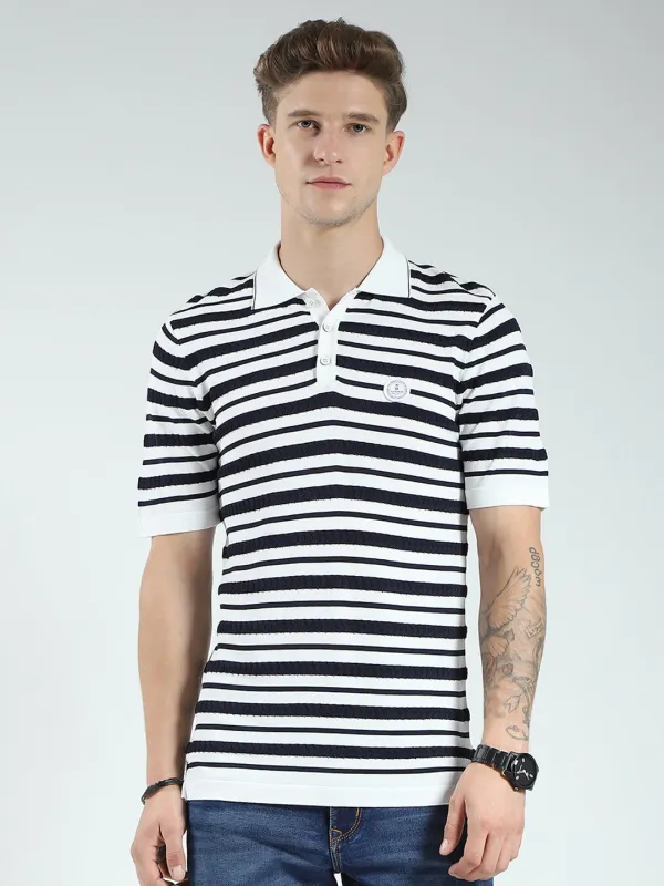 Men White Stripe Collar Half Sleeve T-Shirt made by Monte Carlo