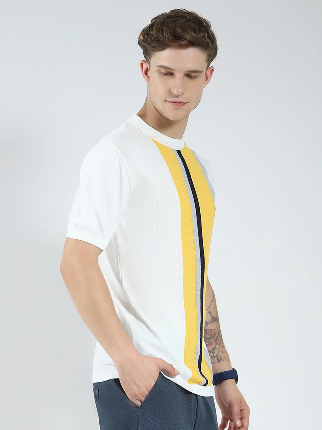 Men White Stripe Round Neck Half Sleeve T-Shirt sold by Monte Carlo product image thumbnail 4