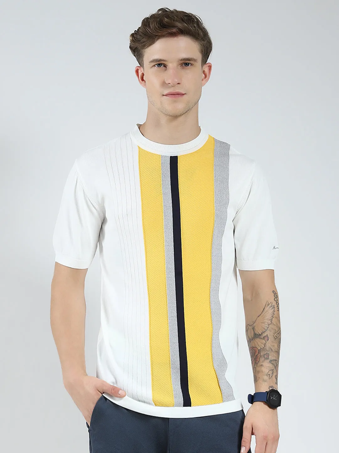 Men White Stripe Round Neck Half Sleeve T-Shirt sold by Monte Carlo