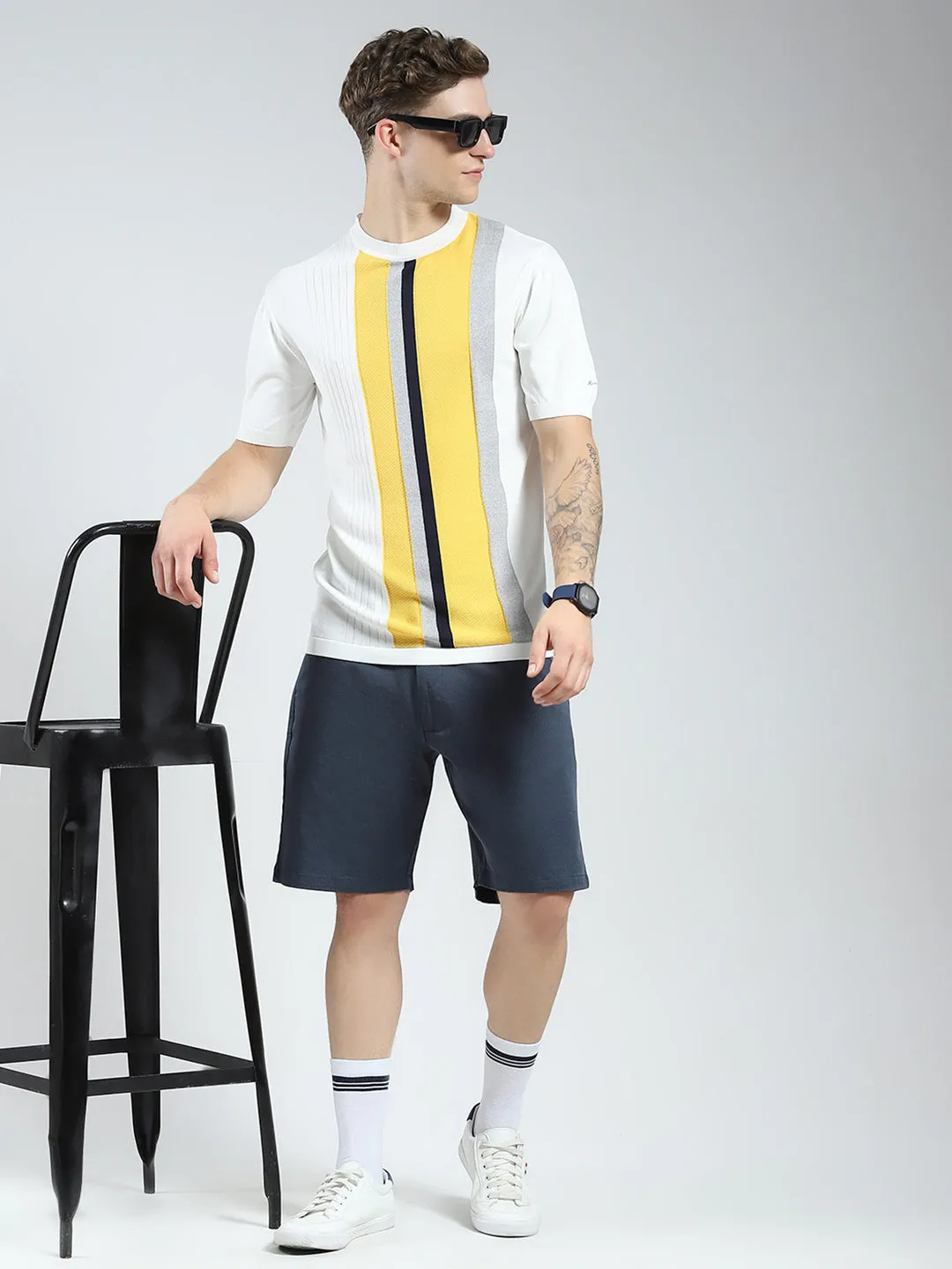Men White Stripe Round Neck Half Sleeve T-Shirt sold by Monte Carlo product image thumbnail 2