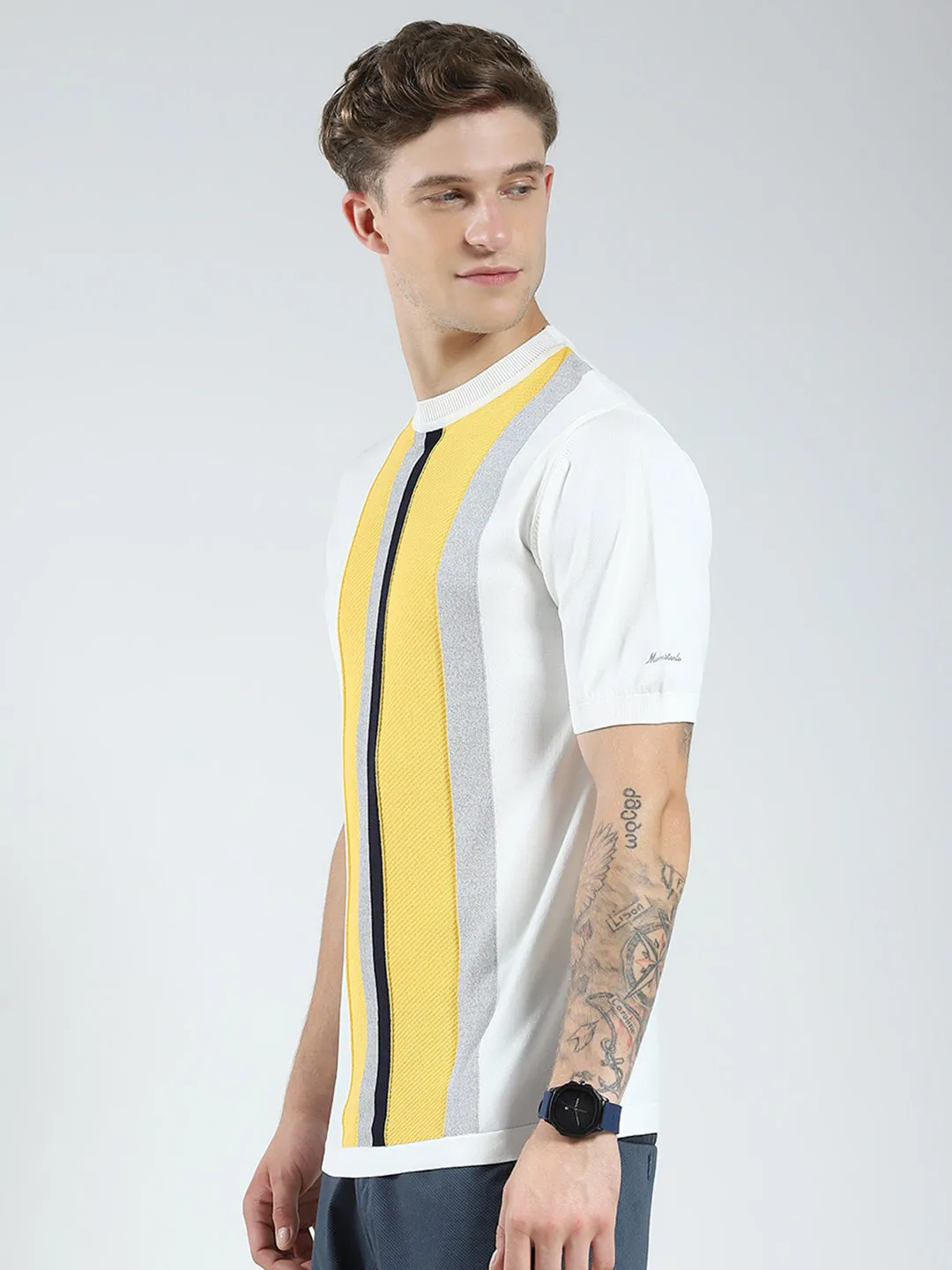 Men White Stripe Round Neck Half Sleeve T-Shirt sold by Monte Carlo product image thumbnail 3