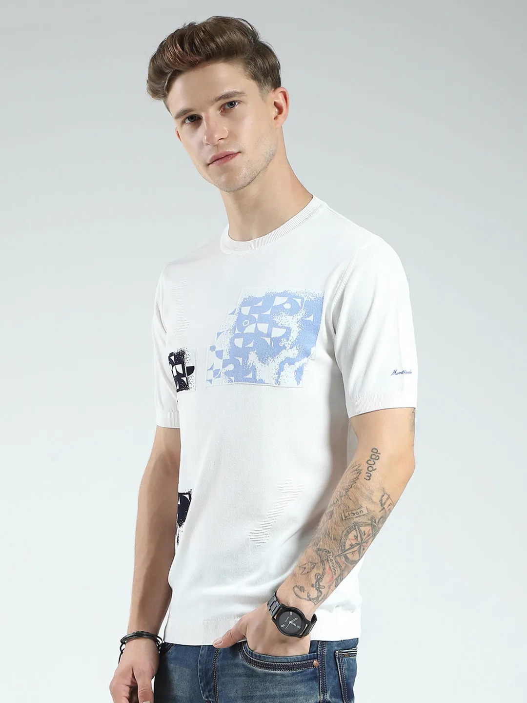 Men White Printed Round Neck Half Sleeve T-Shirt sold by Monte Carlo product image thumbnail 3