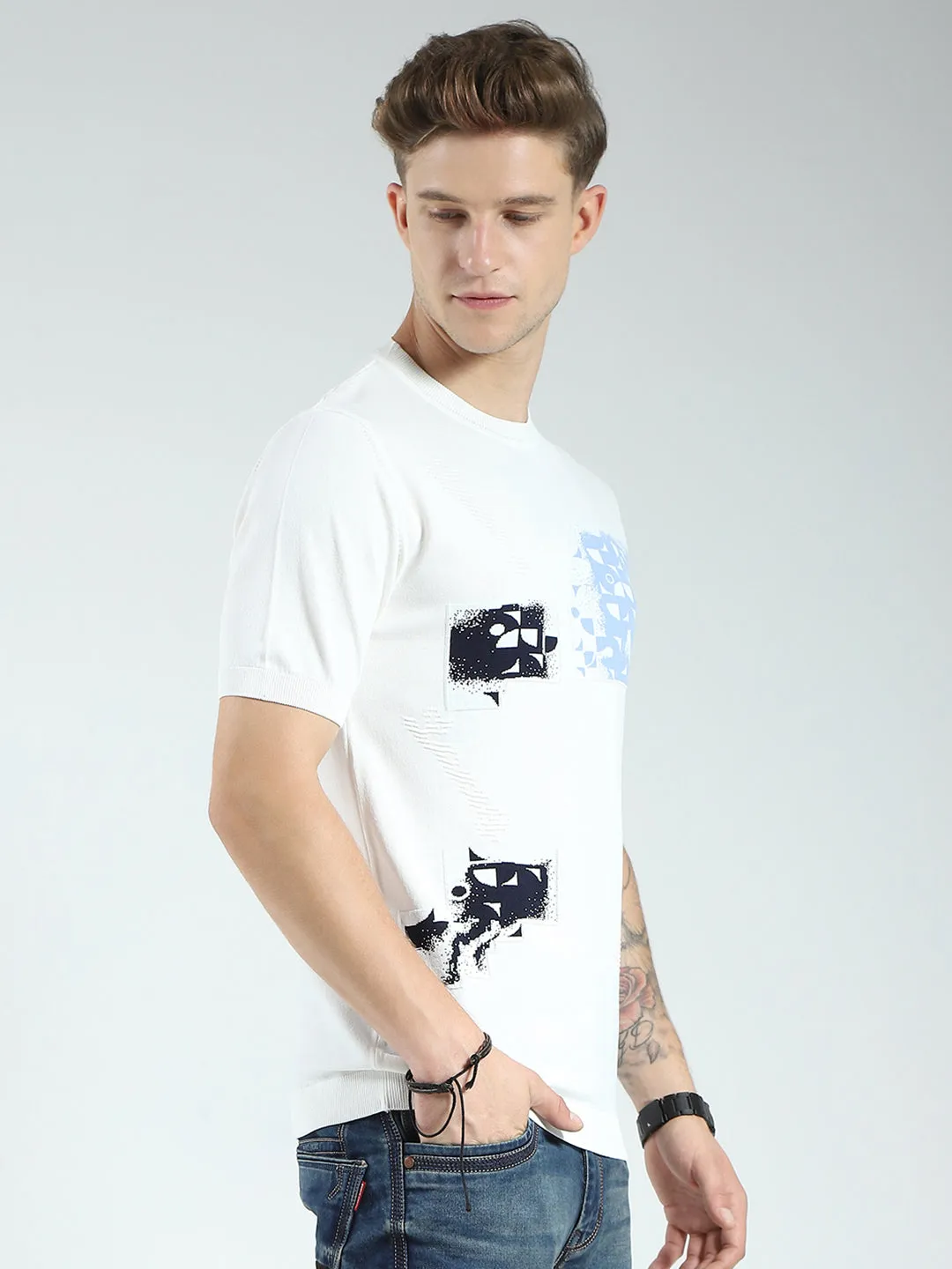 Men White Printed Round Neck Half Sleeve T-Shirt sold by Monte Carlo product image thumbnail 4