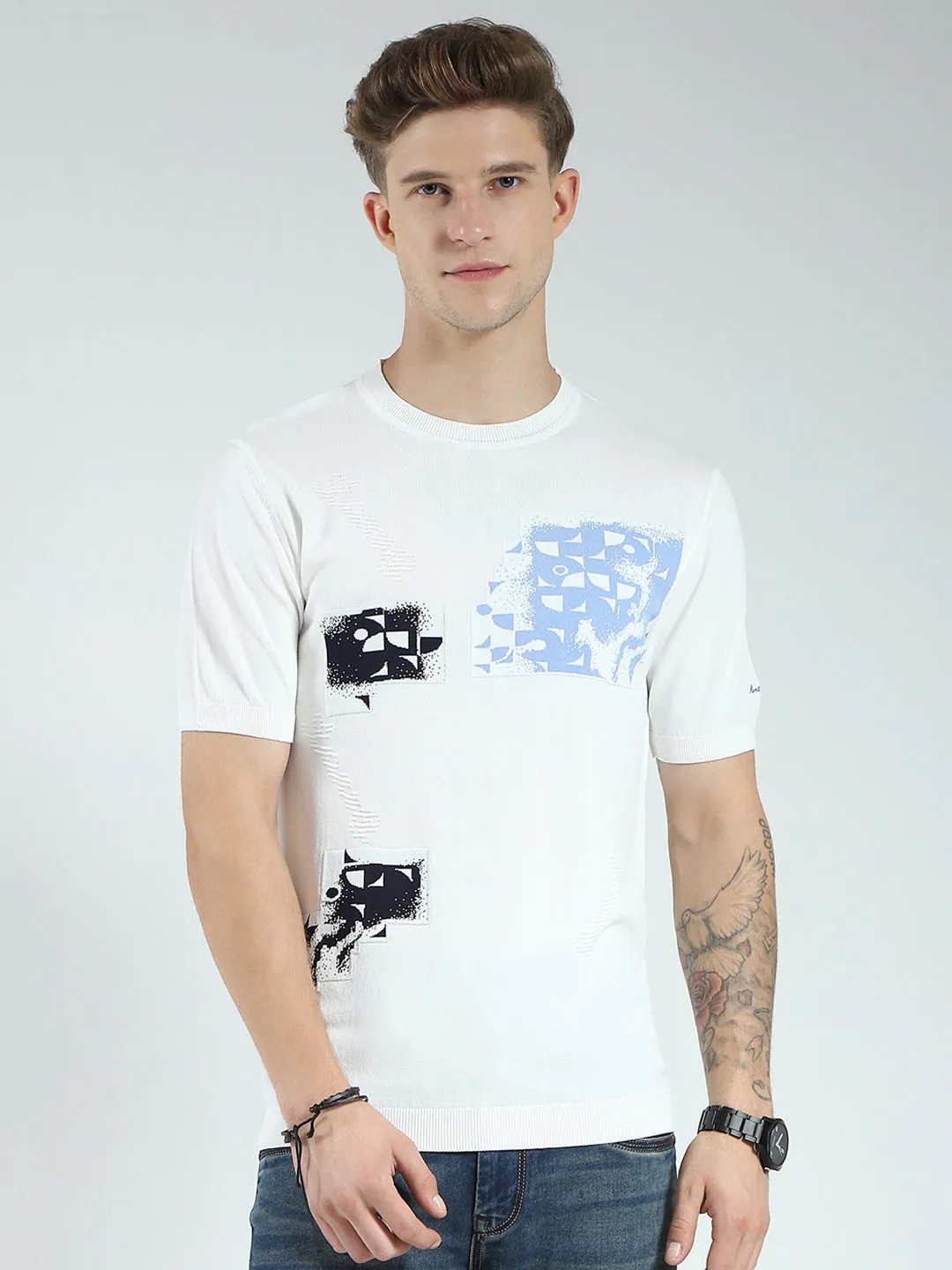 Men White Printed Round Neck Half Sleeve T-Shirt sold by Monte Carlo