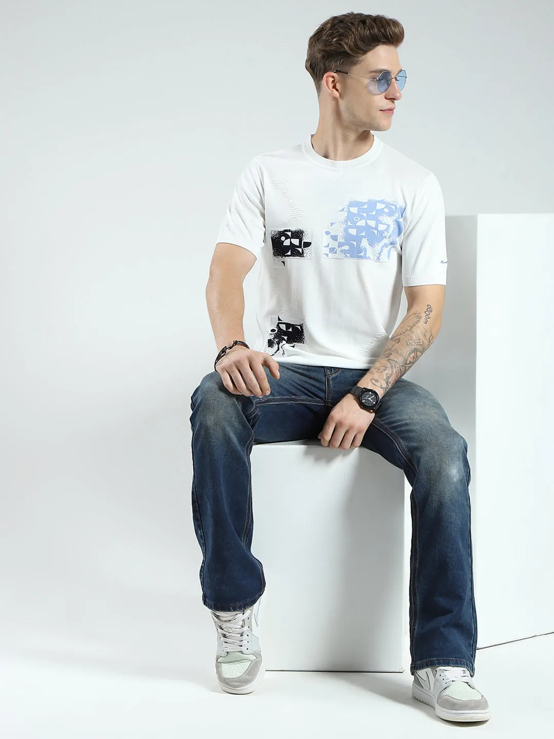 Men White Printed Round Neck Half Sleeve T-Shirt sold by Monte Carlo product image thumbnail 2