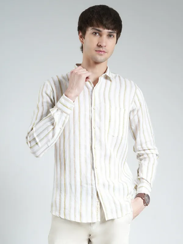 Men Beige Stripe Collar Full Sleeve Linen Shirt sold by Monte Carlo