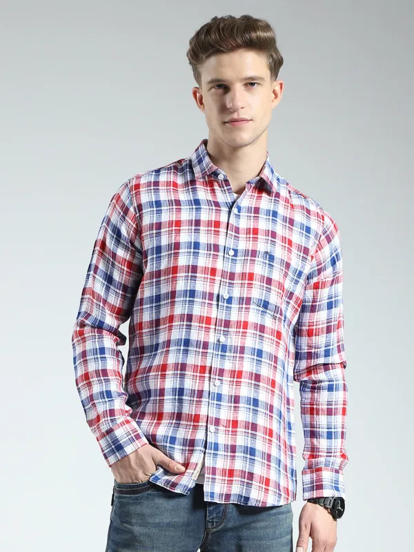Men Red Check Collar Full Sleeve Linen Shirt sold by Monte Carlo