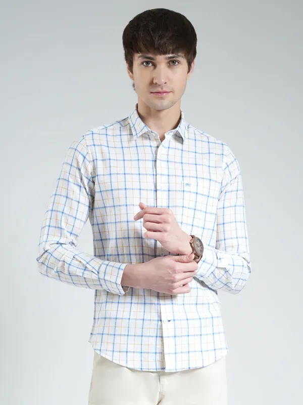 Men White Check Collar Full Sleeve Linen Shirt sold by Monte Carlo