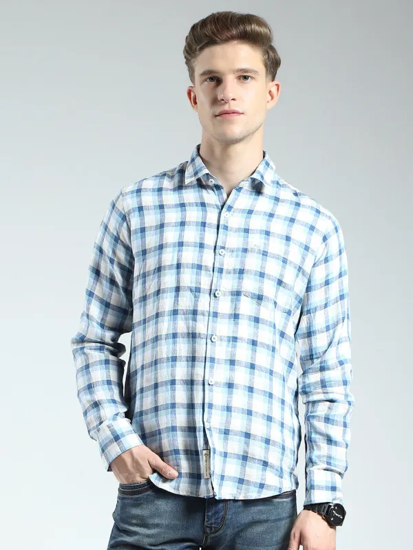 Men Blue Check Collar Full Sleeve Linen Shirt sold by Monte Carlo