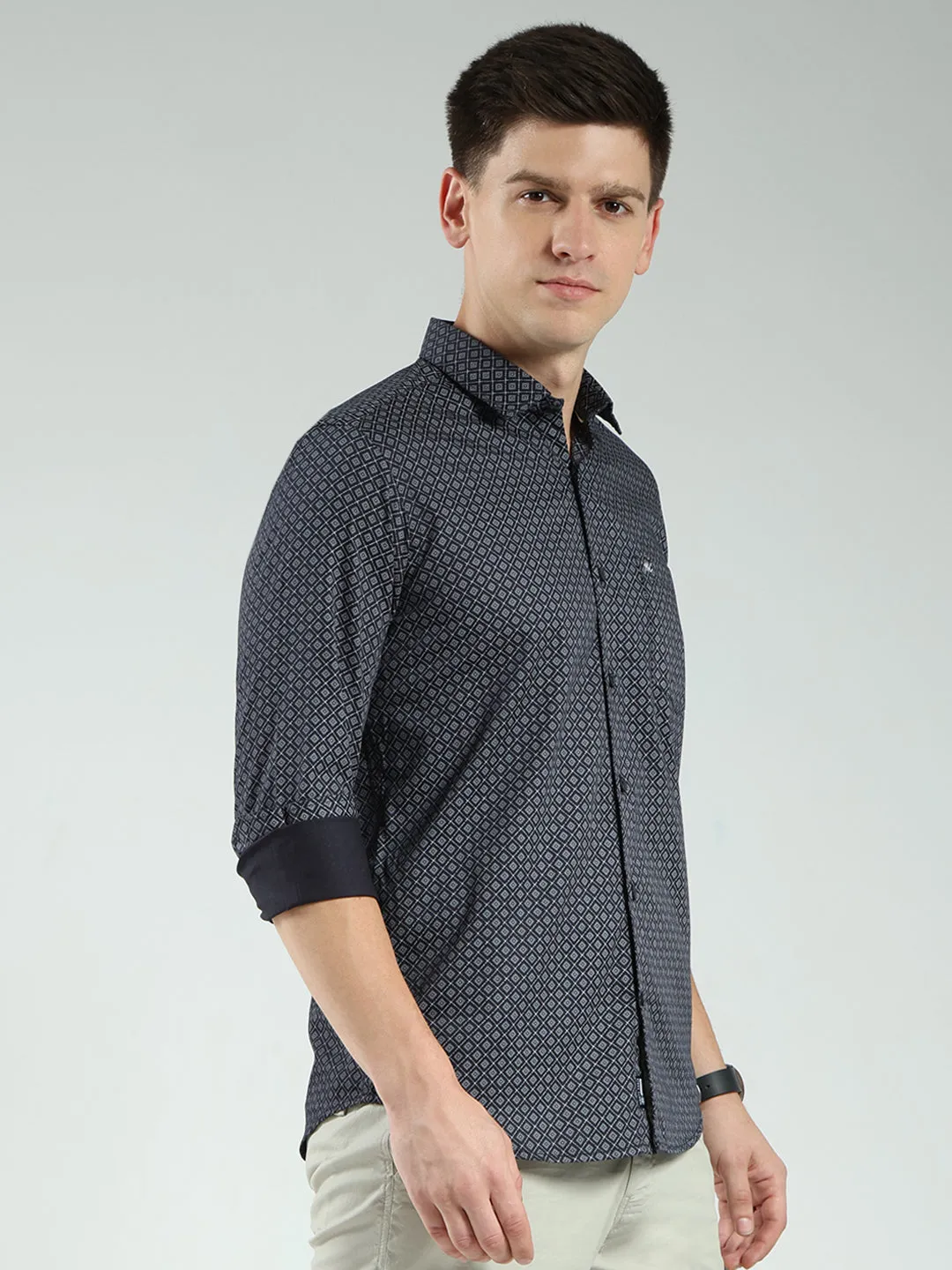 Men Navy Blue Printed Collar Full Sleeve Shirt sold by Monte Carlo product image thumbnail 4
