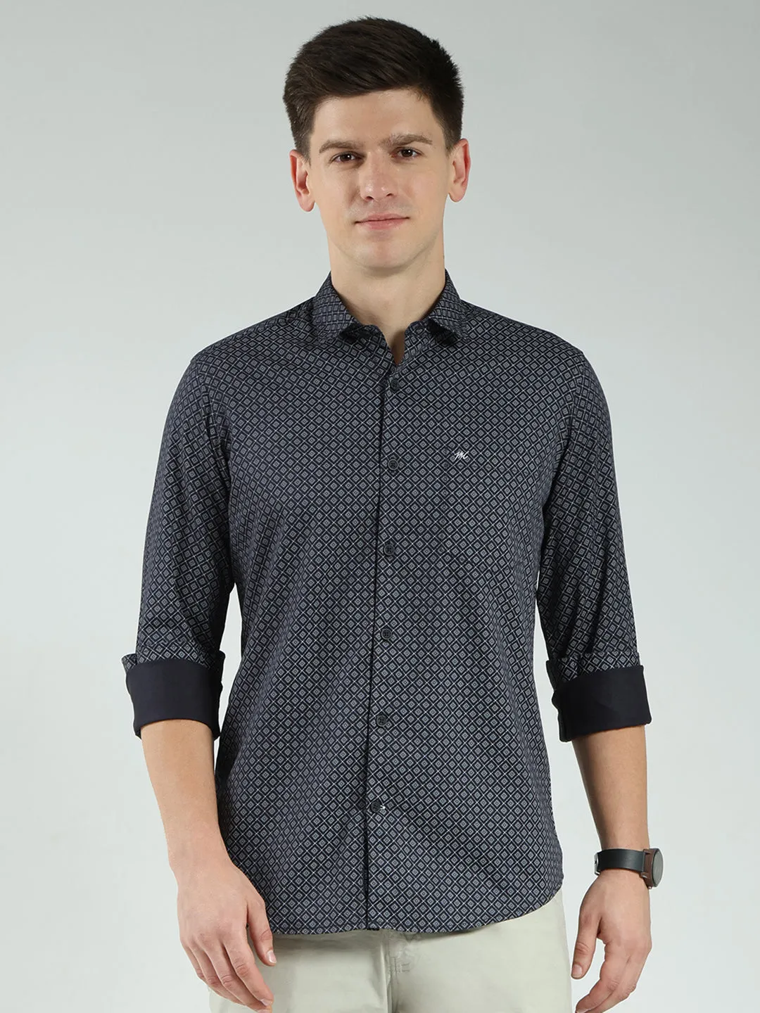 Men Navy Blue Printed Collar Full Sleeve Shirt sold by Monte Carlo
