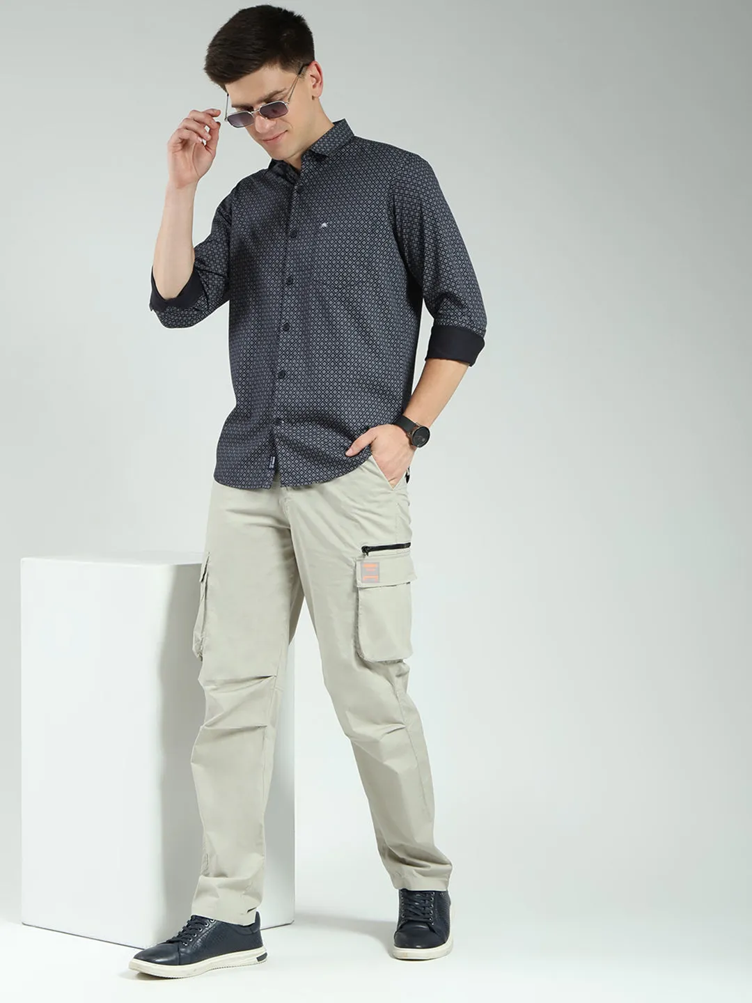 Men Navy Blue Printed Collar Full Sleeve Shirt sold by Monte Carlo product image thumbnail 2