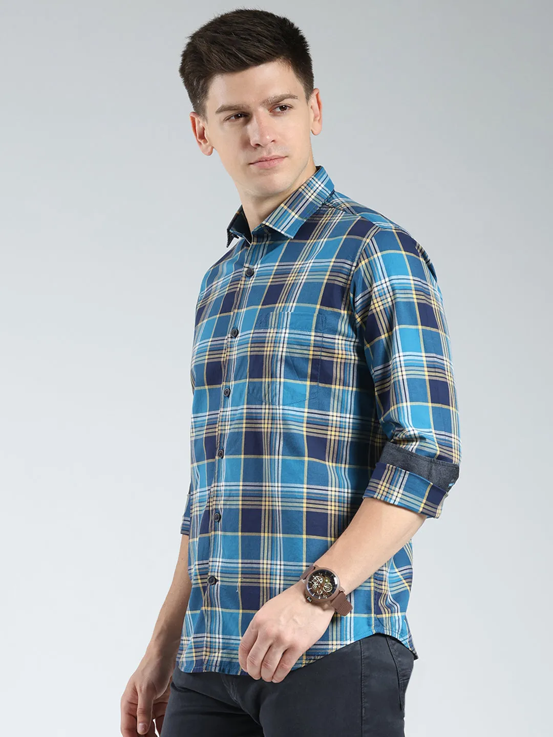 Men Blue Check Collar Full Sleeve Shirt sold by Monte Carlo product image thumbnail 3