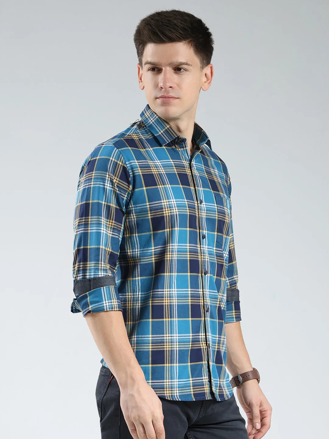 Men Blue Check Collar Full Sleeve Shirt sold by Monte Carlo product image thumbnail 4
