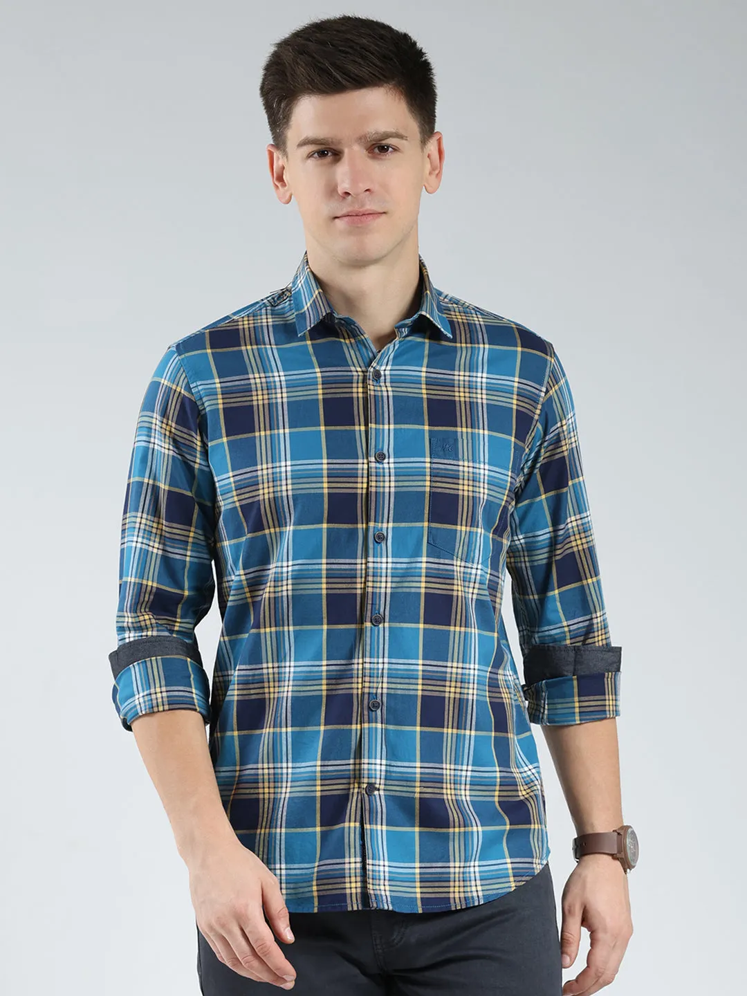 Men Blue Check Collar Full Sleeve Shirt sold by Monte Carlo