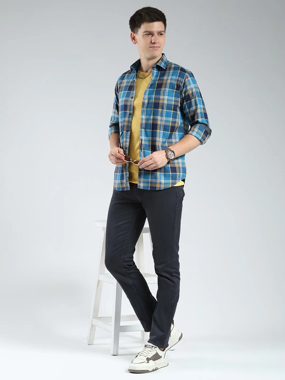 Men Blue Check Collar Full Sleeve Shirt sold by Monte Carlo product image thumbnail 2