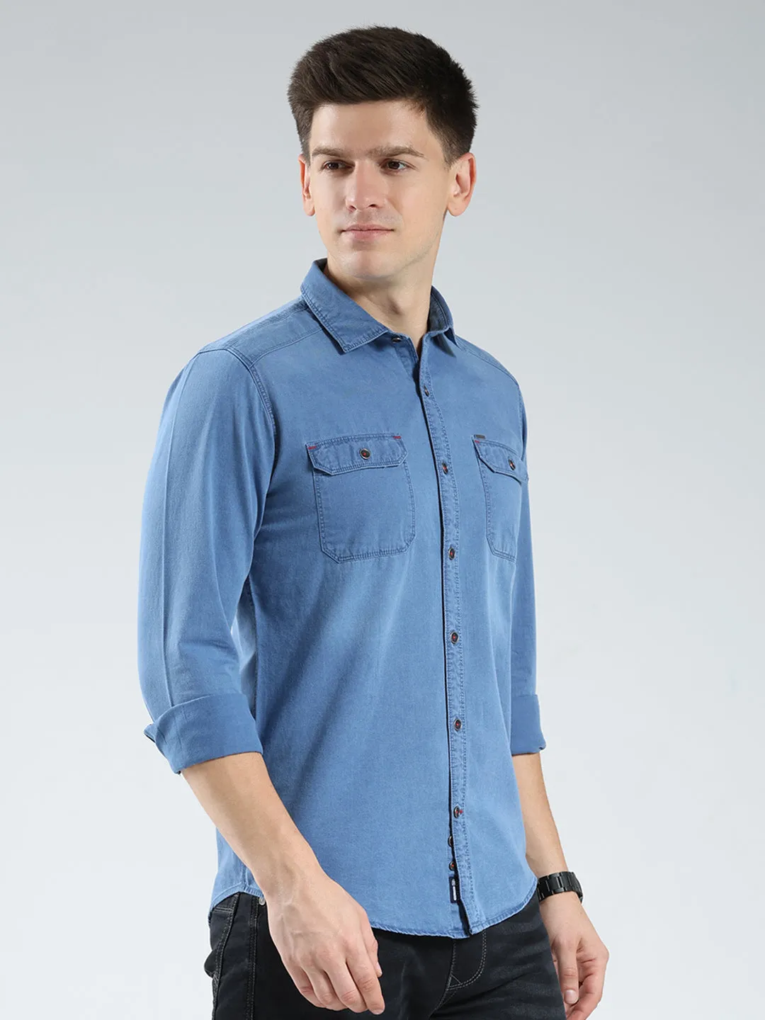 Men Blue Solid Collar Full Sleeve Shirt sold by Monte Carlo product image thumbnail 4