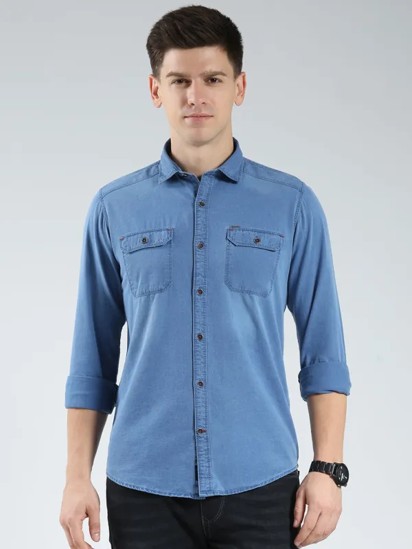 Men Blue Solid Collar Full Sleeve Shirt sold by Monte Carlo