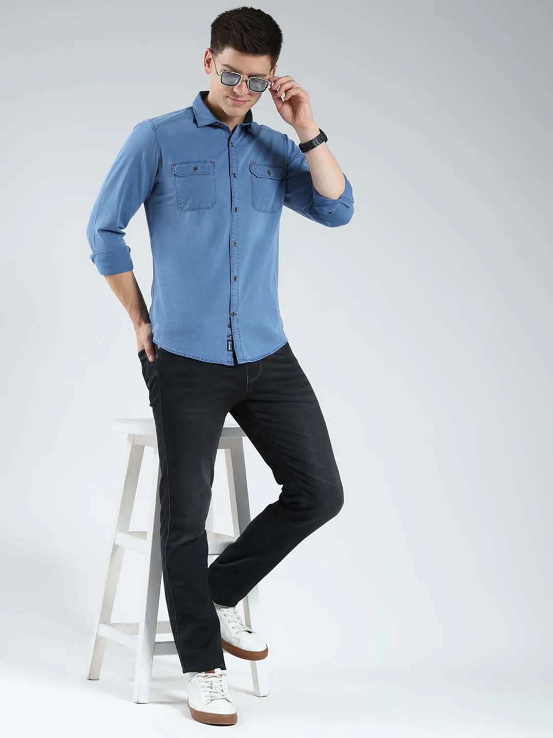 Men Blue Solid Collar Full Sleeve Shirt sold by Monte Carlo product image thumbnail 2