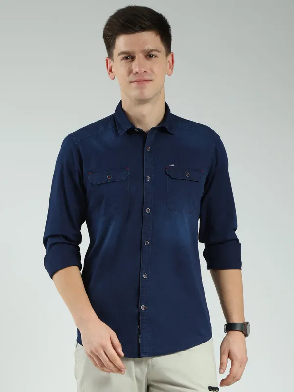 Men Blue Solid Collar Full Sleeve Shirt sold by Monte Carlo