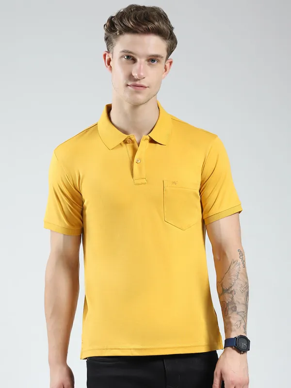 Men Mustard Solid Collar Half Sleeve T-Shirt made by Monte Carlo
