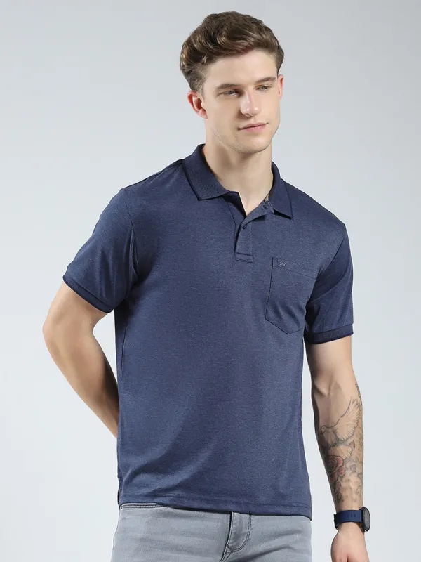 Men Navy Blue Solid Collar Half Sleeve T-Shirt made by Monte Carlo