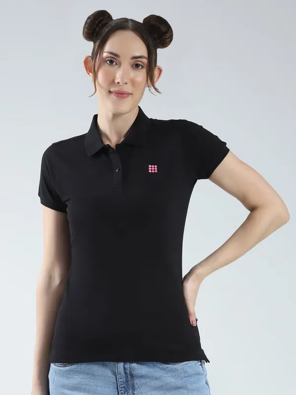 Rock.it Women Black Solid Collar Half Sleeve T-Shirt sold by Monte Carlo