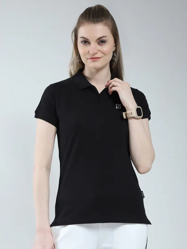 Rock.it Women Black Solid Collar Half Sleeve T-Shirt sold by Monte Carlo