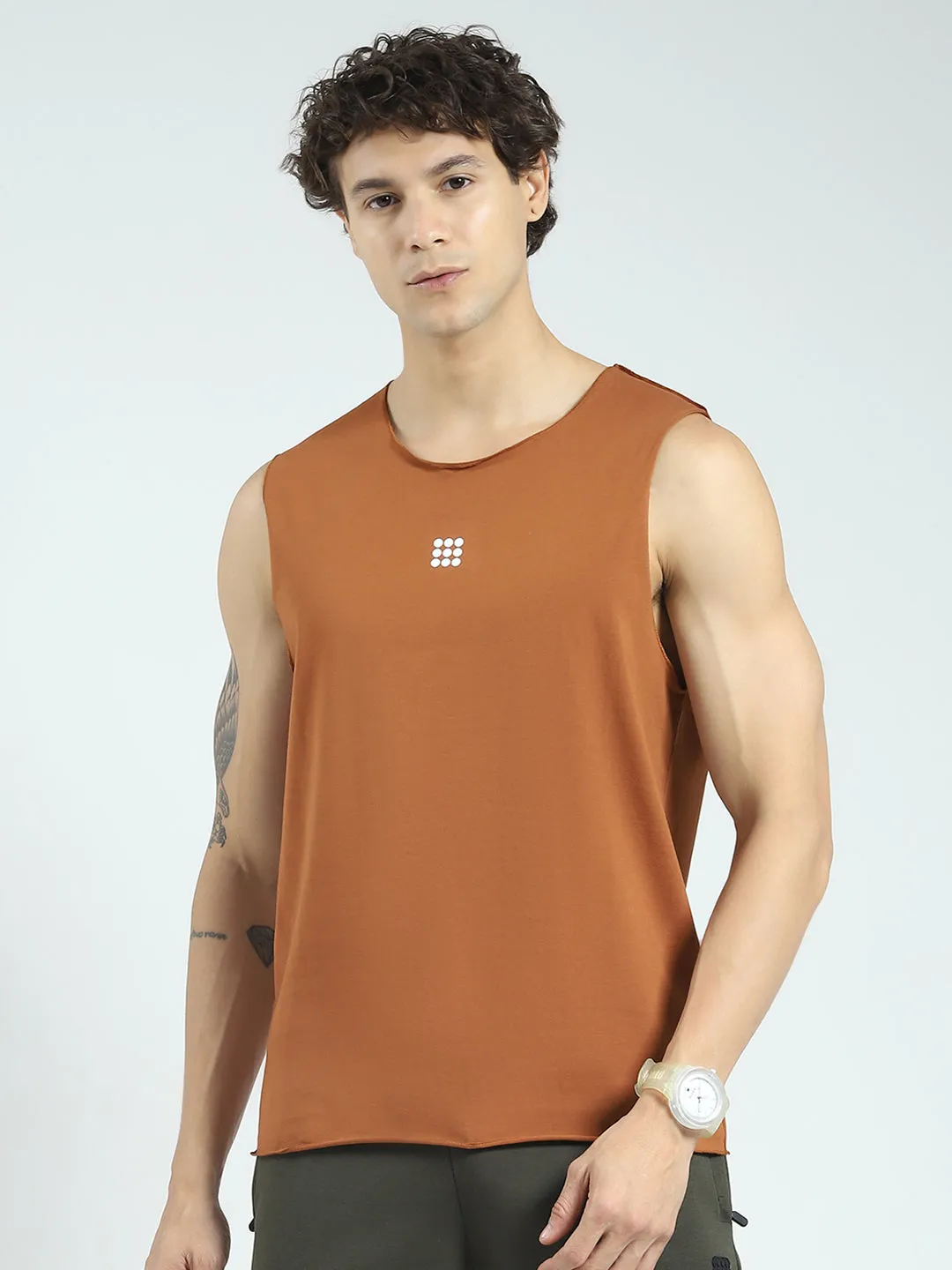 Rock.it Men Rust Solid Round Neck Sleeveless T-Shirt sold by Monte Carlo