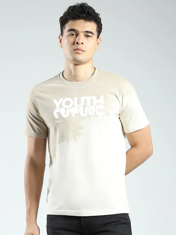 Rock.it Men Beige Printed Round Neck Half Sleeve T-Shirt made by Monte Carlo