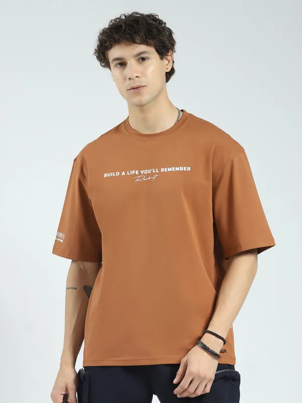 Rock.it Men Camel Brown Printed Round Neck Half Sleeve T-Shirt sold by Monte Carlo
