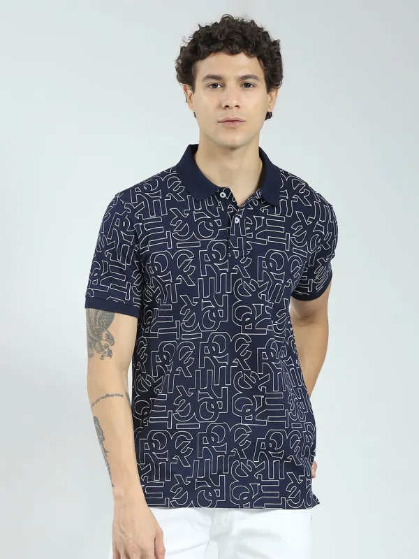 Rock.it Men Navy Blue Printed Collar Half Sleeve T-Shirt sold by Monte Carlo