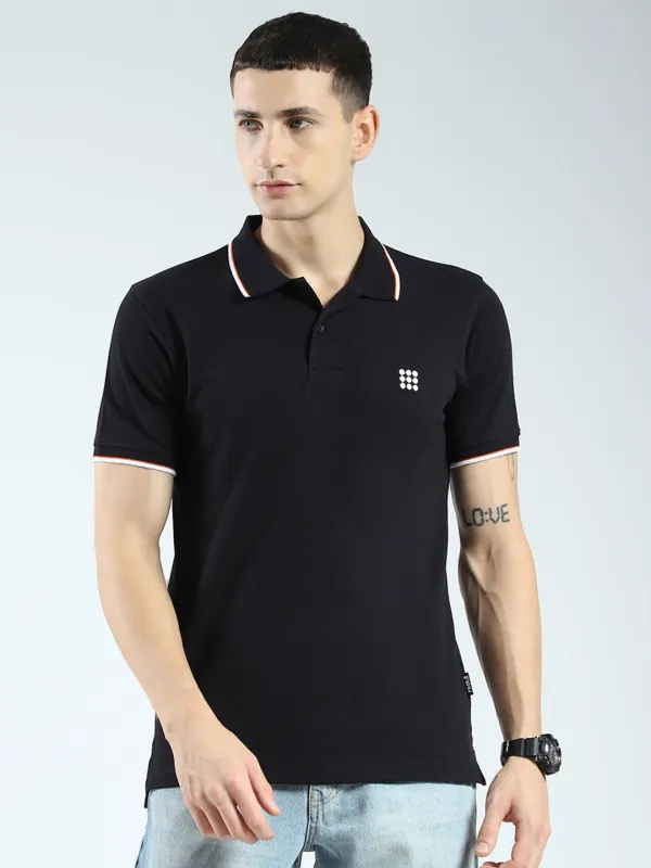 Rock.it Men Black Self Design Collar Half Sleeve T-Shirt made by Monte Carlo