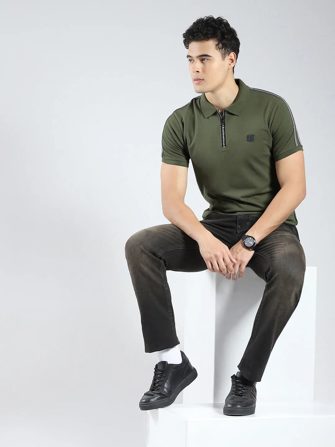 Rock.it Men Olive Solid Collar Half Sleeve T-Shirt sold by Monte Carlo product image thumbnail 2