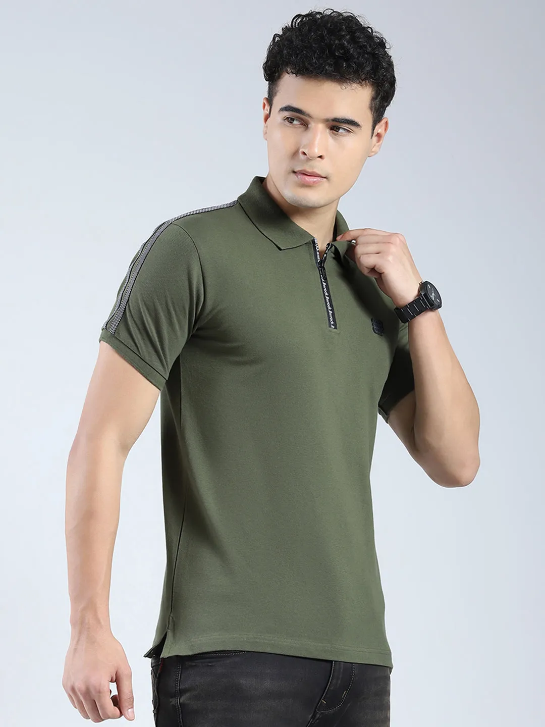 Rock.it Men Olive Solid Collar Half Sleeve T-Shirt sold by Monte Carlo product image thumbnail 4
