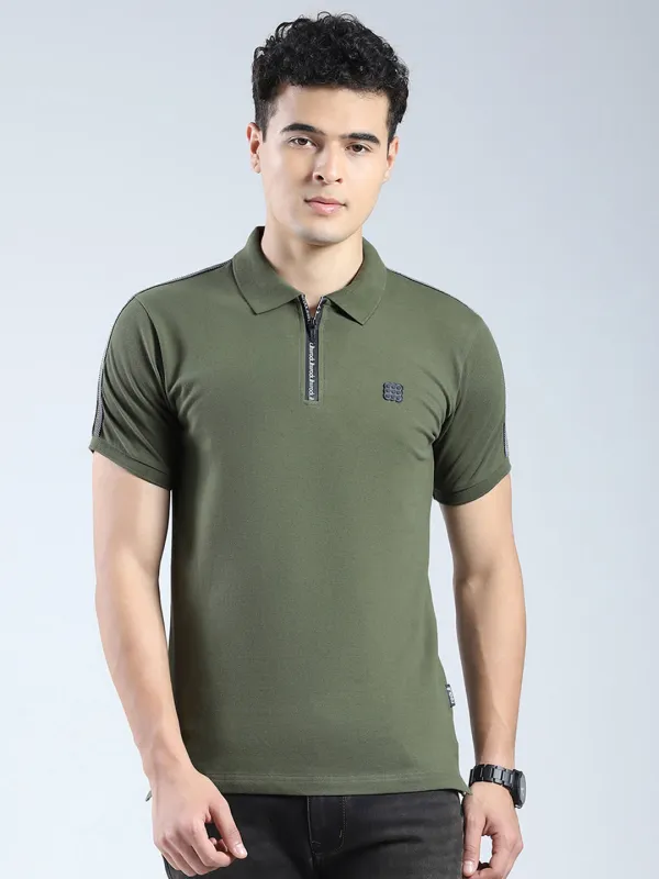 Rock.it Men Olive Solid Collar Half Sleeve T-Shirt made by Monte Carlo