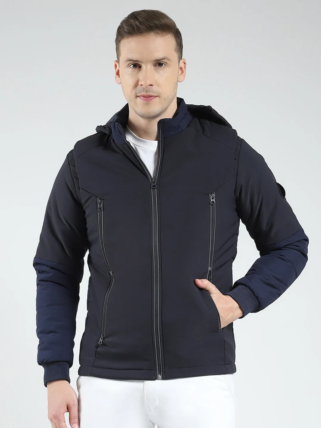 Men Black Solid Hooded Full Sleeve Jacket sold by Monte Carlo