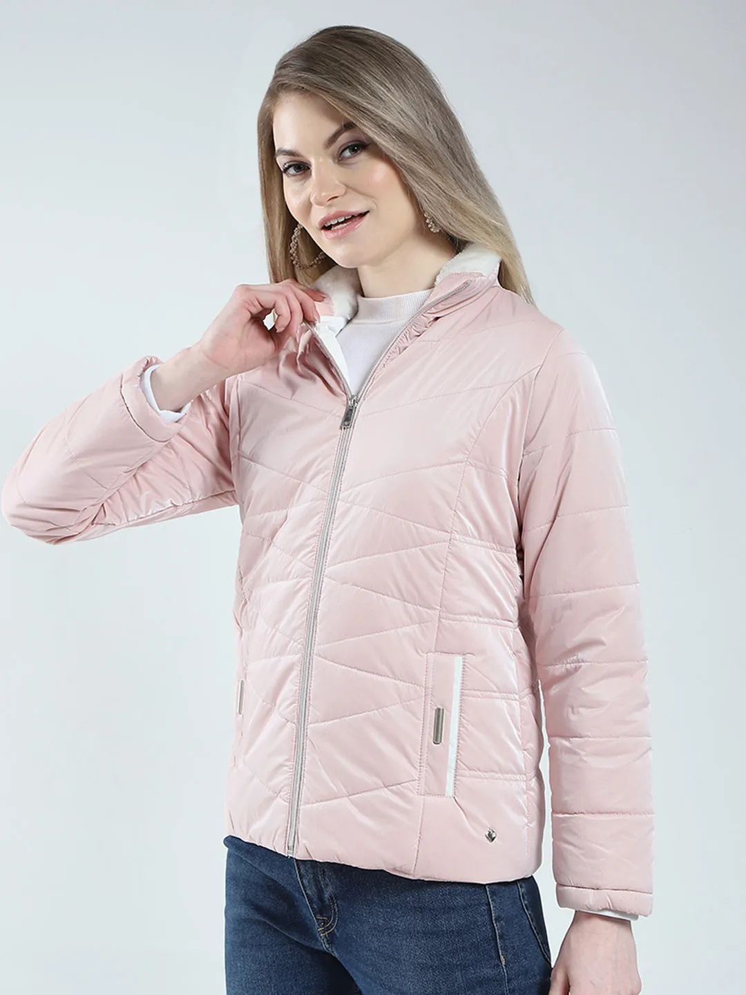 Women Pink Solid Mock Neck Full Sleeve Jacket sold by Monte Carlo product image thumbnail 3