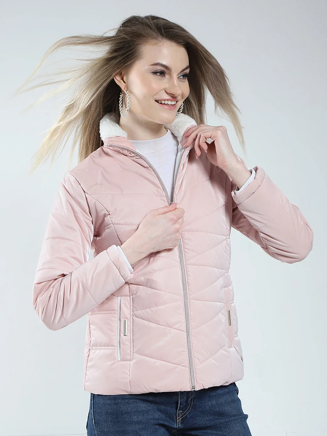 Women Pink Solid Mock Neck Full Sleeve Jacket sold by Monte Carlo product image thumbnail 4