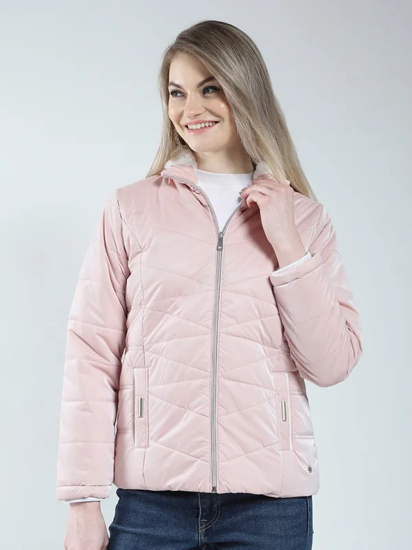 Women Pink Solid Mock Neck Full Sleeve Jacket sold by Monte Carlo