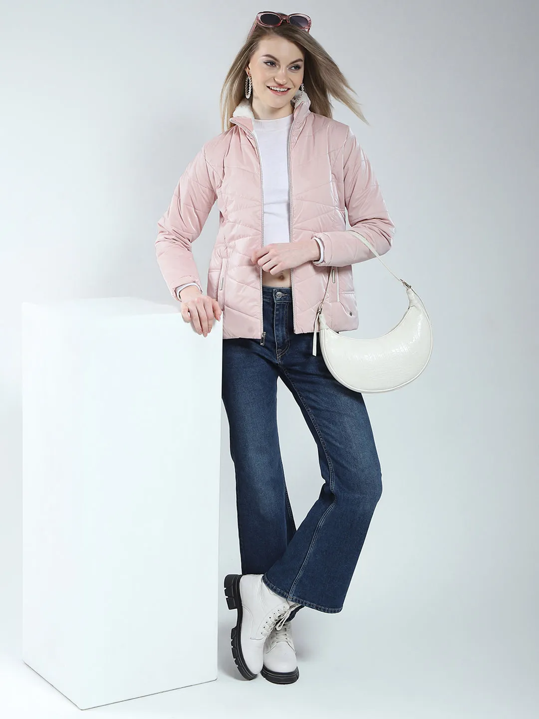 Women Pink Solid Mock Neck Full Sleeve Jacket sold by Monte Carlo product image thumbnail 2