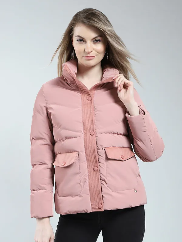 Women Pink Solid Mock Neck Full Sleeve Jacket sold by Monte Carlo
